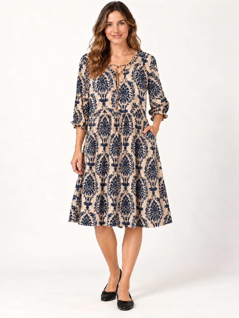 Boomchic Navy & Cream Damask Print Dress – Size 10